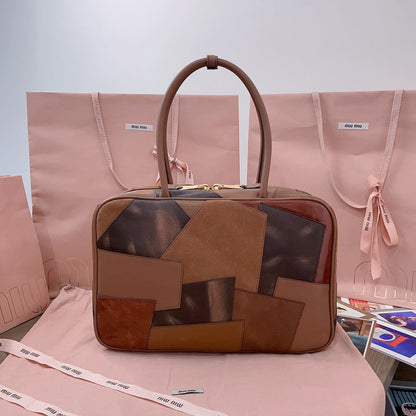 MIU MIU BEAU TOP HANDLE BAG 34 IN COGNAC LEATHER PATCHWORK