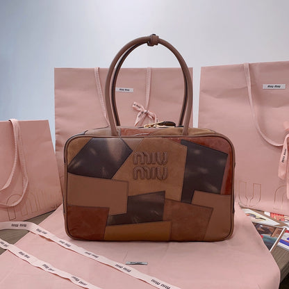 MIU MIU BEAU TOP HANDLE BAG 34 IN COGNAC LEATHER PATCHWORK