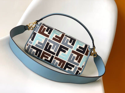 FENDI Fend Baguette Sky Blue and Multicolour Canvas Bag 27 with FF Embroidery Ghw