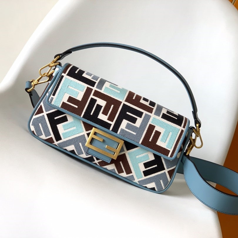 FENDI Fend Baguette Sky Blue and Multicolour Canvas Bag 27 with FF Embroidery Ghw