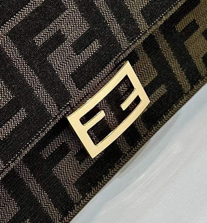 FENDI BAGUETTE CHAIN MIDI 21 IN BROWN MIX BLACK MONOGRAM JACQUARD FABRIC BAG