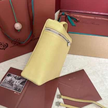 LORO PIANA EXTRA POCKET BACKPACK L23.5 IN LIGHT YELLOW CALFSKIN WITH SILVER HARDWARE