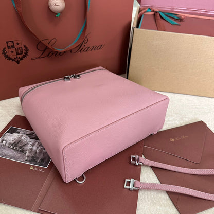 LORO PIANA EXTRA POCKET BACKPACK L23.5 IN BABY PINK CALFSKIN WITH SILVER HARDWARE