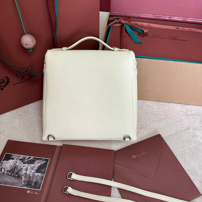 LORO PIANA EXTRA POCKET BACKPACK L23.5 IN WHITE CALFSKIN WITH SILVER HARDWARE