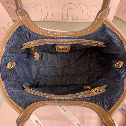 MIU MIU SMALL TOTE BAG 22 IN NAVY DENIM AND BROWN LEATHER TRIM