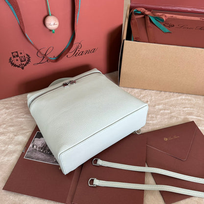 LORO PIANA EXTRA POCKET BACKPACK L23.5 IN WHITE CALFSKIN WITH SILVER HARDWARE