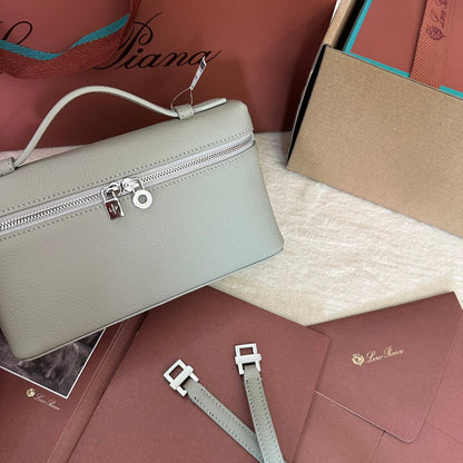 LORO PIANA EXTRA POCKET L19 IN PEARL GRAY GRAINED CALFSKIN WITH SILVER HARDWARE