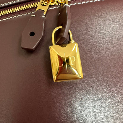 LORO PIANA EXTRA BAG L27 IN WINE PURPLE SMOOTH CALFSKIN WITH GOLD HARDWARE