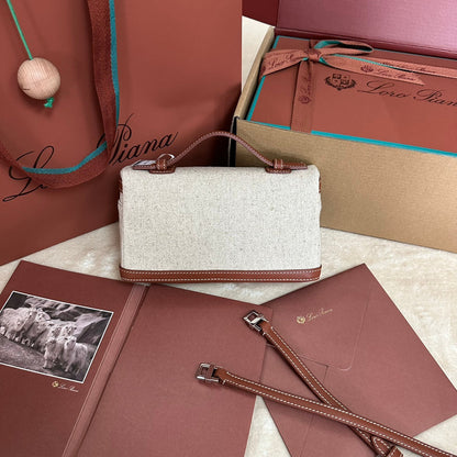 LORO PIANA EXTRA POCKET L19 IN WHITE CANVAS AND BRONZE BROWN CALFSKIN WITH SILVER HARDWARE