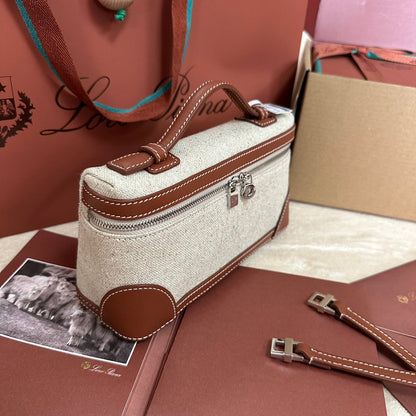 LORO PIANA EXTRA POCKET L19 IN WHITE CANVAS AND BRONZE BROWN CALFSKIN WITH SILVER HARDWARE