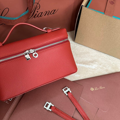 LORO PIANA EXTRA POCKET L19 IN CHERRY RED CALFSKIN WITH SILVER HARDWARE