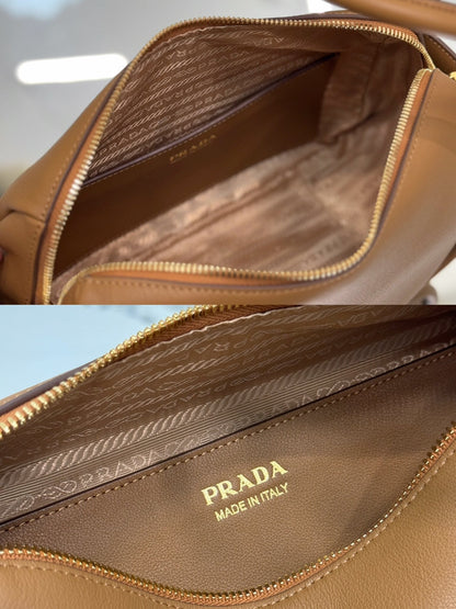 PRADA RLING HANDBAG 25 IN RUSSET BROWN SOFT GRAIN LAMBSKIN