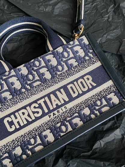 DIOR MINI BOOK TOTE 21 BLUE OBLIQUE EMBROIDERY