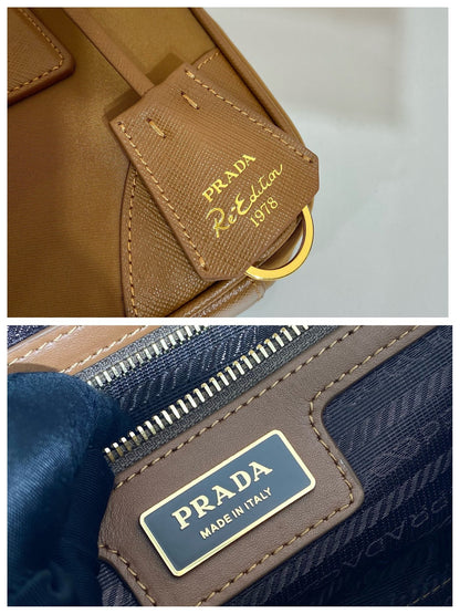 PRADA SMALL TOP HANDLE BAG 25 IN GOLDEN BROWN NYLON AND CALFSKIN TRIM