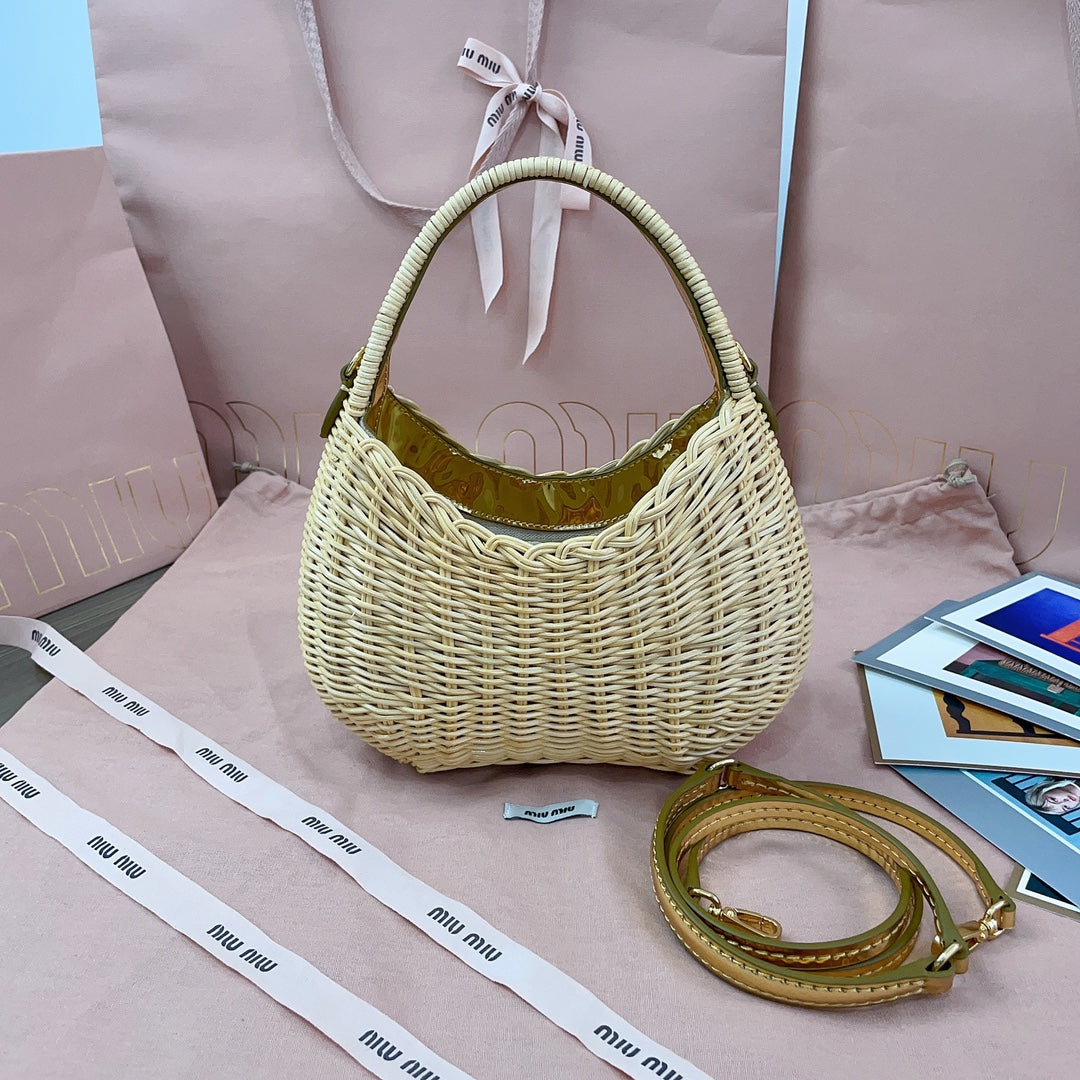 MIU MIU WANDER WICKER HOBO BAG 20 IN TAN MIX CARAMEL BROWN HANDWOVEN