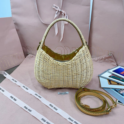 MIU MIU WANDER WICKER HOBO BAG 20 IN TAN MIX CARAMEL BROWN HANDWOVEN