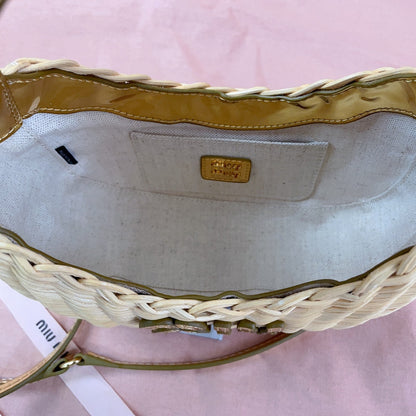 MIU MIU WANDER WICKER HOBO BAG 20 IN TAN MIX CARAMEL BROWN HANDWOVEN