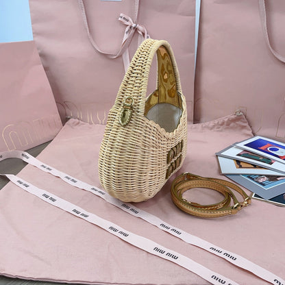 MIU MIU WANDER WICKER HOBO BAG 20 IN TAN MIX CARAMEL BROWN HANDWOVEN
