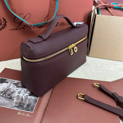 LORO PIANA EXTRA POCKET L19 IN WINE PURPLE CALFSKIN WITH GOLD HARDWARE