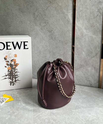 LOEWE LOE 32 FLAMENCO PURSE BUCKET IN DARK BURGUNDY MELLOW NAPPA LAMBSKIN