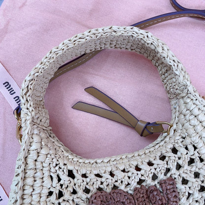 MIU MIU WANDER HOBO BAG 20 IN BEIGE MIX BROWN WOVEN RAFFIA
