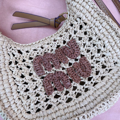 MIU MIU WANDER HOBO BAG 20 IN BEIGE MIX BROWN WOVEN RAFFIA