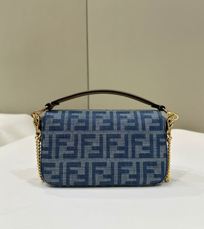 FENDI BAGUETTE MINI 19 BAG IN CERULEAN BLUE MONOGRAM DENIM WITH GOLD HARDWARE