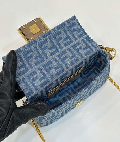 FENDI BAGUETTE MINI 19 BAG IN CERULEAN BLUE MONOGRAM DENIM WITH GOLD HARDWARE