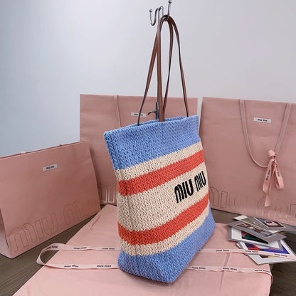 MIU MIU TOTE BAG 40 IN STRIPED PATTERN OF LIGHT BLUE ORANGE AND CREAM WHITE WOVEN RAFFIA