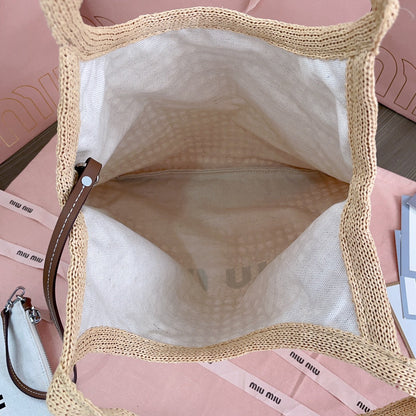 MIU MIU IVY TOTE BAG 40 IN BEIGE MIX WHITE MESH