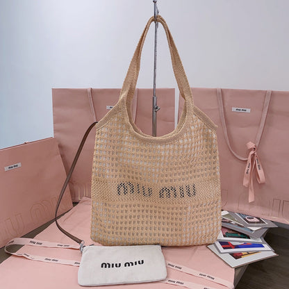 MIU MIU IVY TOTE BAG 40 IN BEIGE MIX WHITE MESH