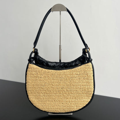 BOTTEGA VENETA GEMELLI SHOULDER BAG 36 IN BEIGE RAFFIA AND BLACK LAMBSKIN