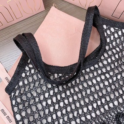 MIU MIU IVY TOTE BAG 40 IN BLACK MIX WHITE MESH