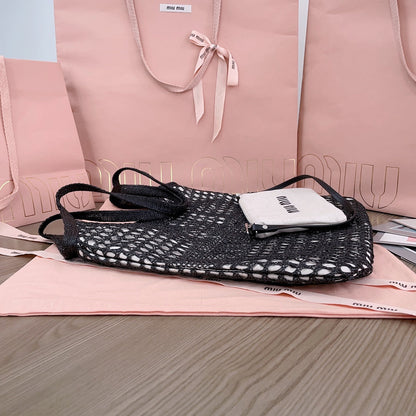 MIU MIU IVY TOTE BAG 40 IN BLACK MIX WHITE MESH