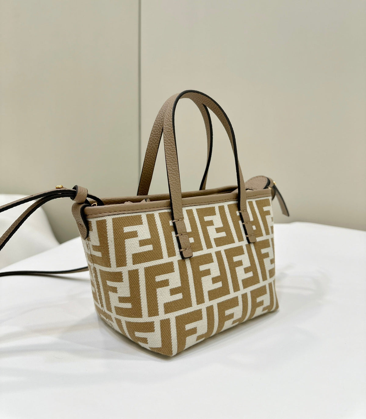 FENDI MINI ROLL BAG 15 PEANUT BROWN MIX WHITE FF JACQUARD FABRIC