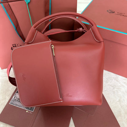 LORO PIANA MEDIUM 36 BAG IN VERMILION RED CALFSKIN WITH GOLD HARDWARE