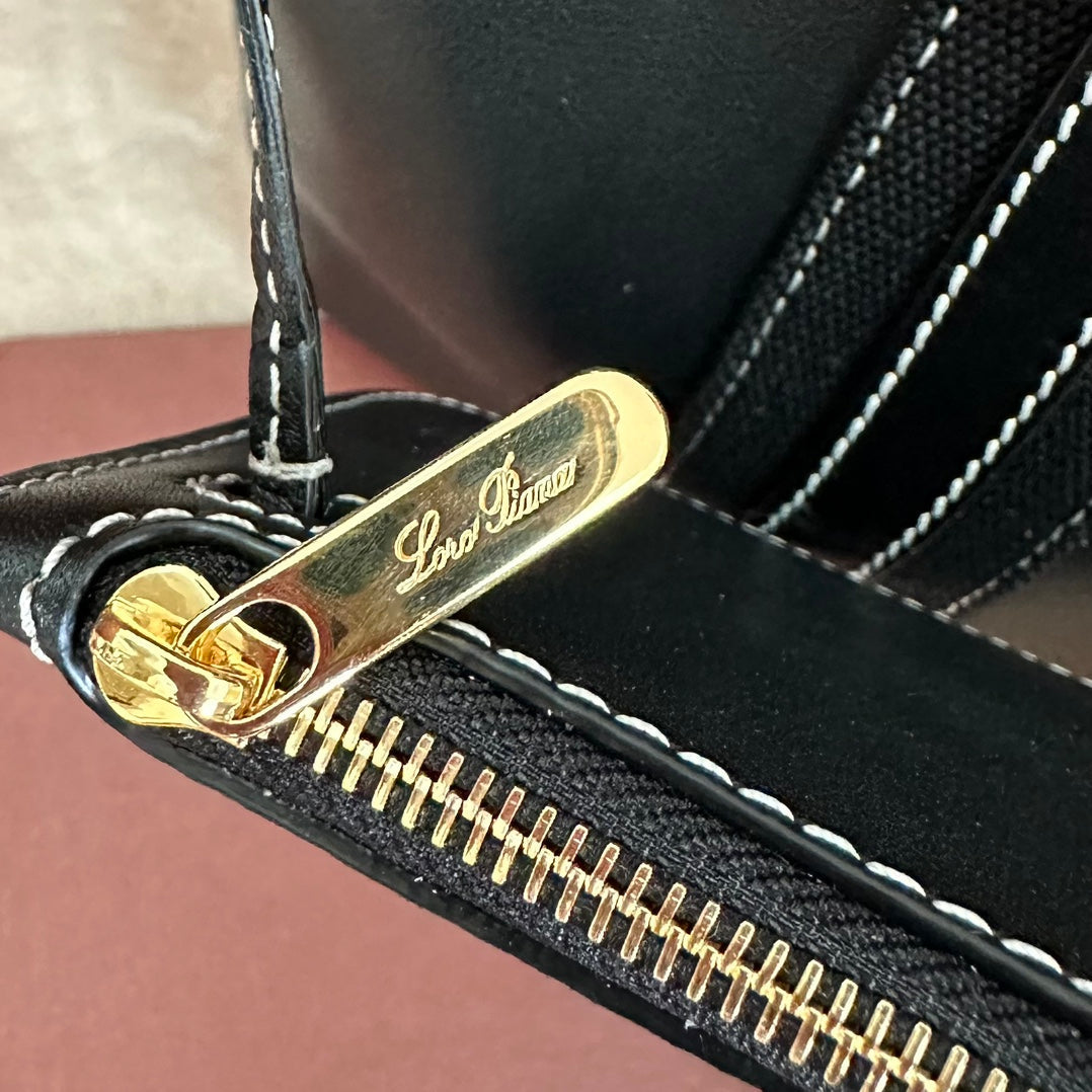 LORO PIANA SMALL 21 BALE BAG IN FULL BLACK GRAINED CALFSKIN WITH GOLD HARDWARE