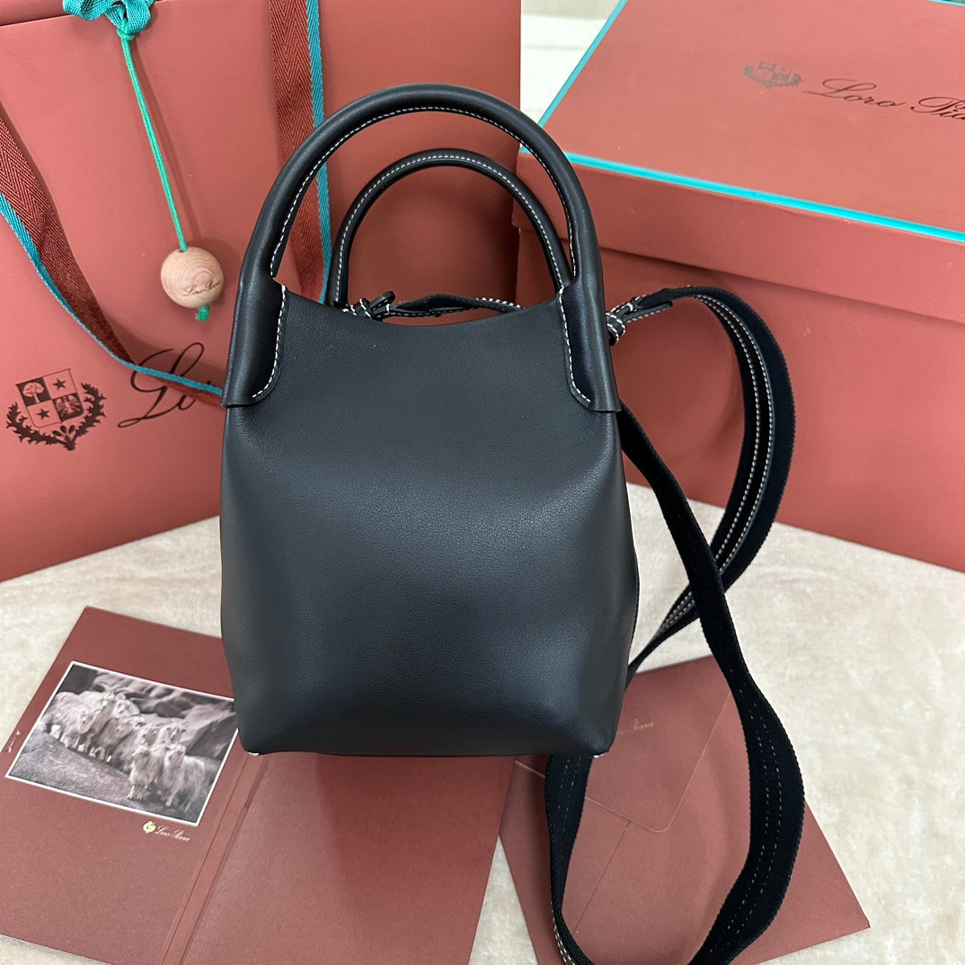 LORO PIANA SMALL 21 BALE BAG IN FULL BLACK GRAINED CALFSKIN WITH GOLD HARDWARE