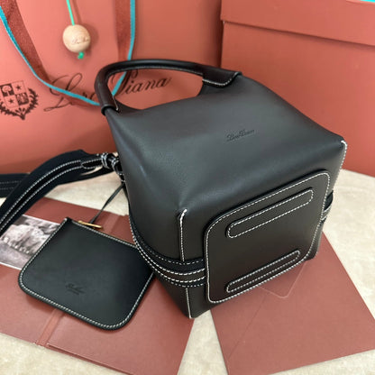 LORO PIANA SMALL 21 BALE BAG IN FULL BLACK GRAINED CALFSKIN WITH GOLD HARDWARE