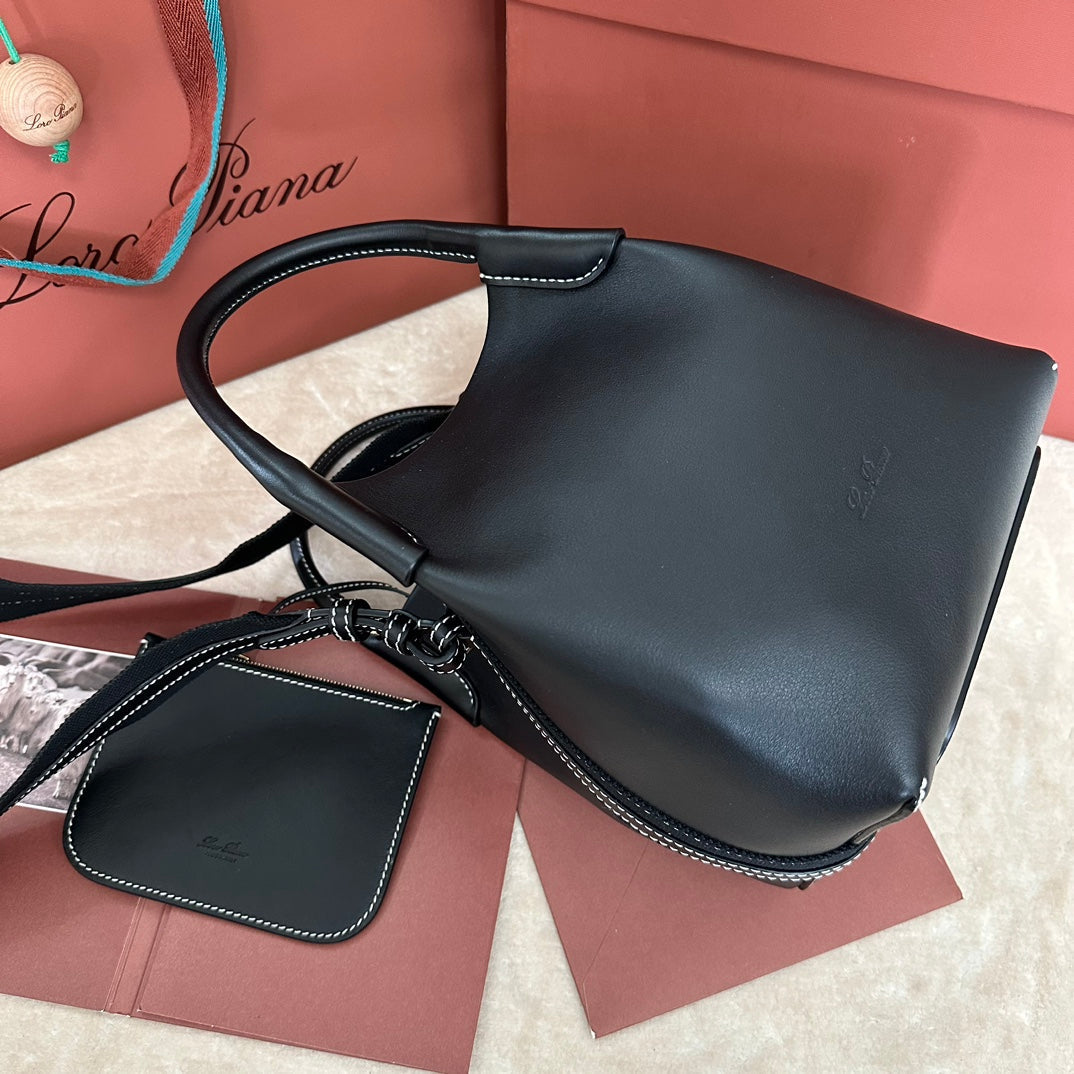 LORO PIANA SMALL 21 BALE BAG IN BLACK GRAINED CALFSKIN WITH GOLD HARDWARE