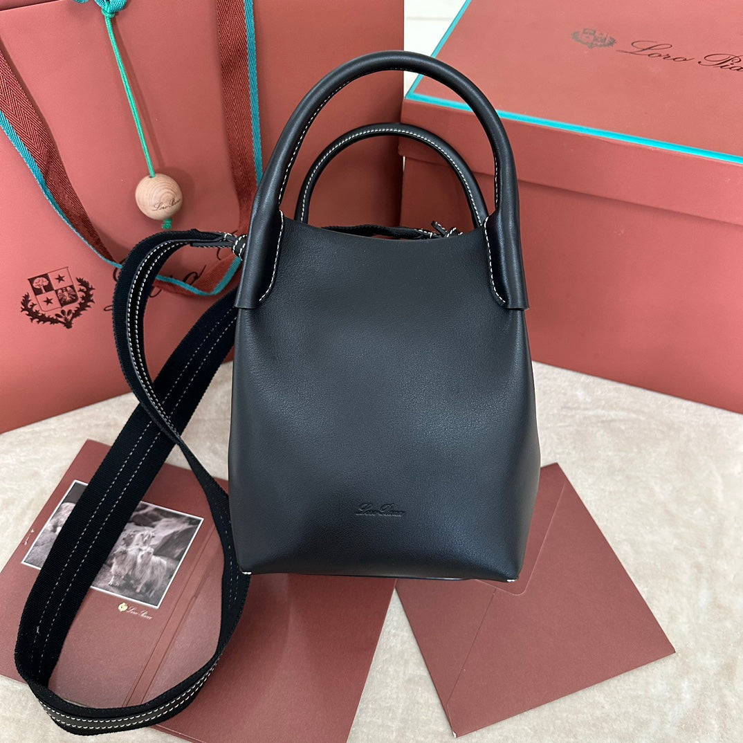 LORO PIANA SMALL 21 BALE BAG IN FULL BLACK GRAINED CALFSKIN WITH GOLD HARDWARE
