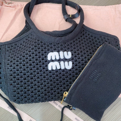 MIU MIU HOLLOW KNITTED SHOPPING BAG 28 IN BLACK MIX WHITE WOOL