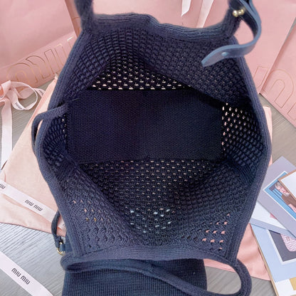MIU MIU HOLLOW KNITTED SHOPPING BAG 28 IN BLACK MIX WHITE WOOL