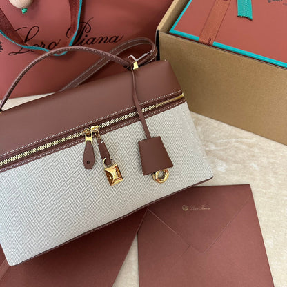 LORO PIANA EXTRA BAG L27 IN WHITE CANVAS AND RED BROWN CALFSKIN WITH GOLD HARDWARE