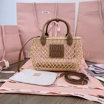 MIU MIU WOVEN HOLLOW BAG 24 IN BEIGE RATTAN AND BROWN CALFSKIN TRIM