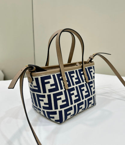 FENDI MINI ROLL BAG 15 MIDNIGHT BLUE MIX WHITE FF JACQUARD FABRIC
