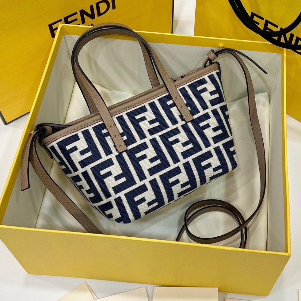 FENDI MINI ROLL BAG 15 MIDNIGHT BLUE MIX WHITE FF JACQUARD FABRIC