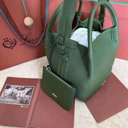 LORO PIANA SMALL 21 BALE BAG IN BASIL GREEN GRAINED CALFSKIN WITH SILVER HARDWARE