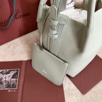 LORO PIANA SMALL 21 BALE BAG IN PEARL GRAY GRAINED CALFSKIN WITH SILVER HARDWARE