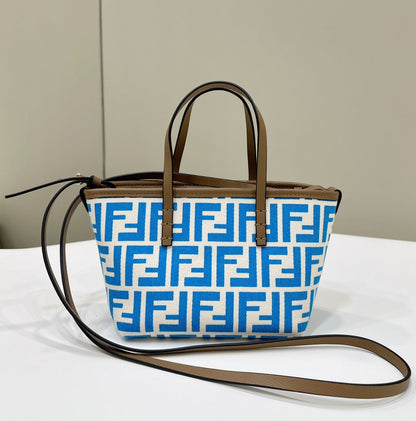 FENDI MINI ROLL BAG 15 OCEAN BLUE MIX WHITE FF JACQUARD FABRIC